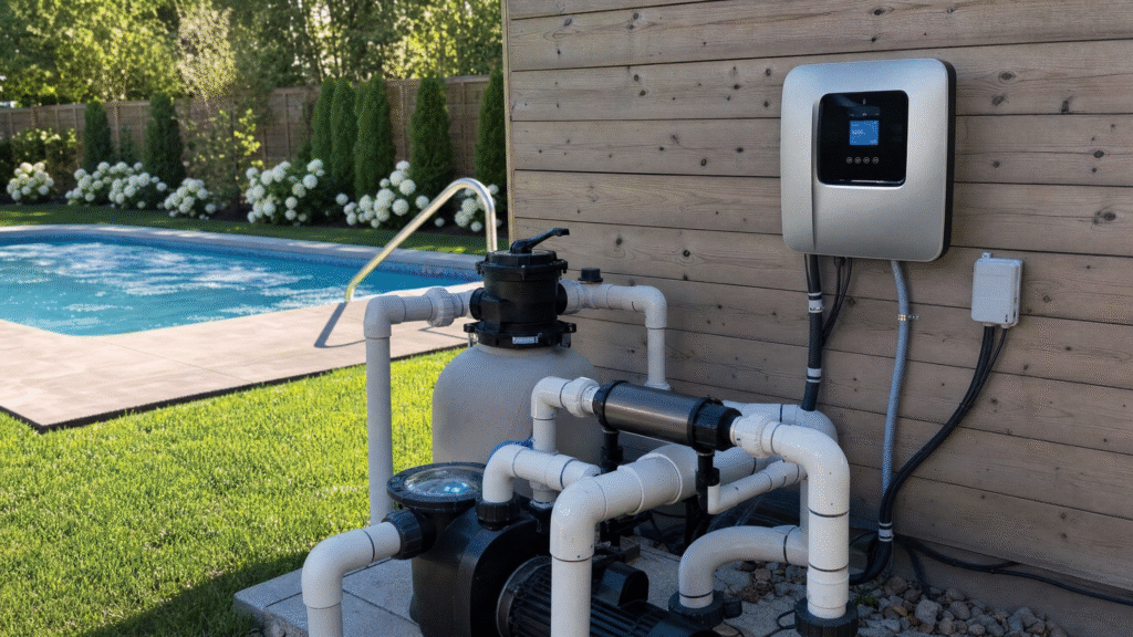 Piscine au sel ou chlore : système de filtration avec cellule au sel et contrôleur mural près d'une piscine