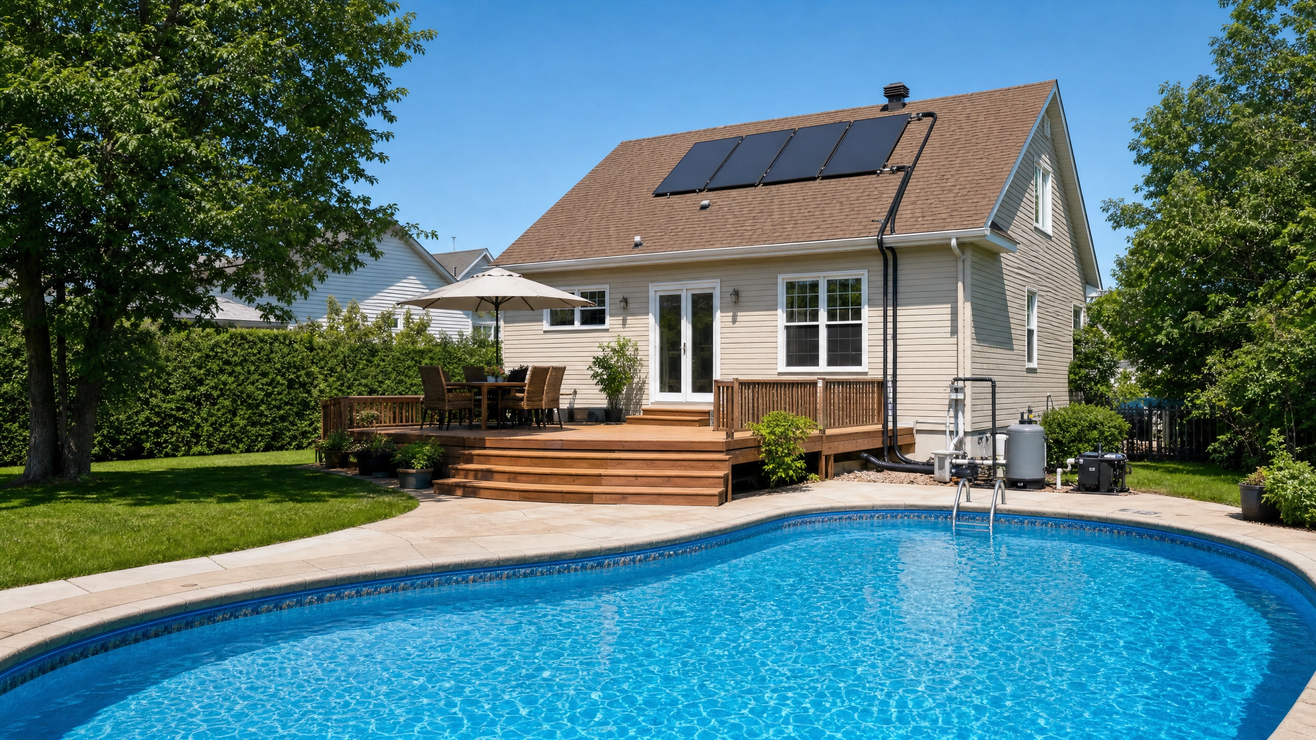 Subvention panneaux solaires d'Hydro-Québec : capteurs solaires sur le toit d'une maison avec piscine creusée et terrasse en bois