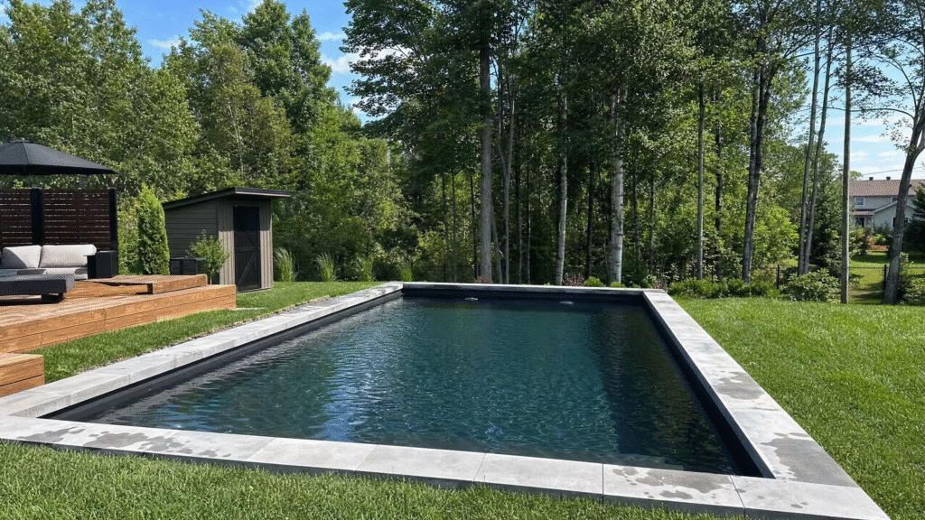 Tendances de piscine en 2026 : piscine creusée aux couleurs foncées avec margelle de pierre grise, bordée d'une pelouse et d'une terrasse en bois