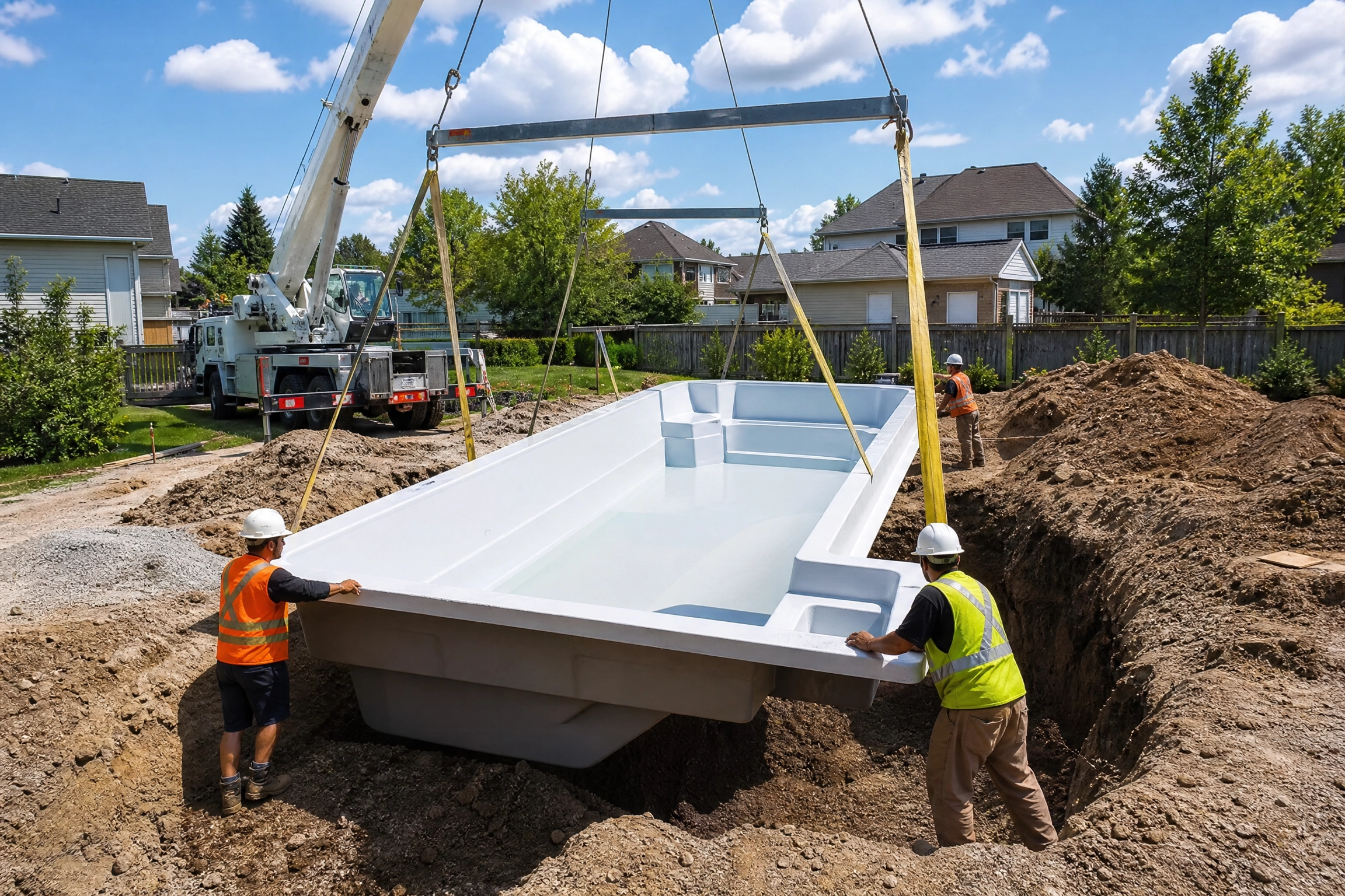 Grue déposant une coque en fibre de verre dans une excavation pendant que deux ouvriers la guident, une étape déterminante dans le délai d'installation d'une piscine