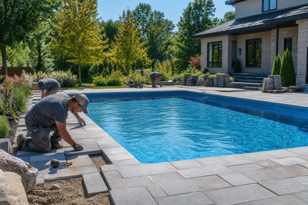 Ouvriers posant les dalles de pavé autour d'un bassin creusé rempli d'eau, illustrant les finitions qui complètent le délai d'installation d'une piscine