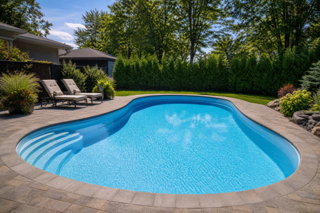 Piscine creusée aux formes arrondies dans une cour arrière aménagée, un bel exemple de la durée de vie d'une piscine en fibre de verre après plusieurs saisons d'utilisation