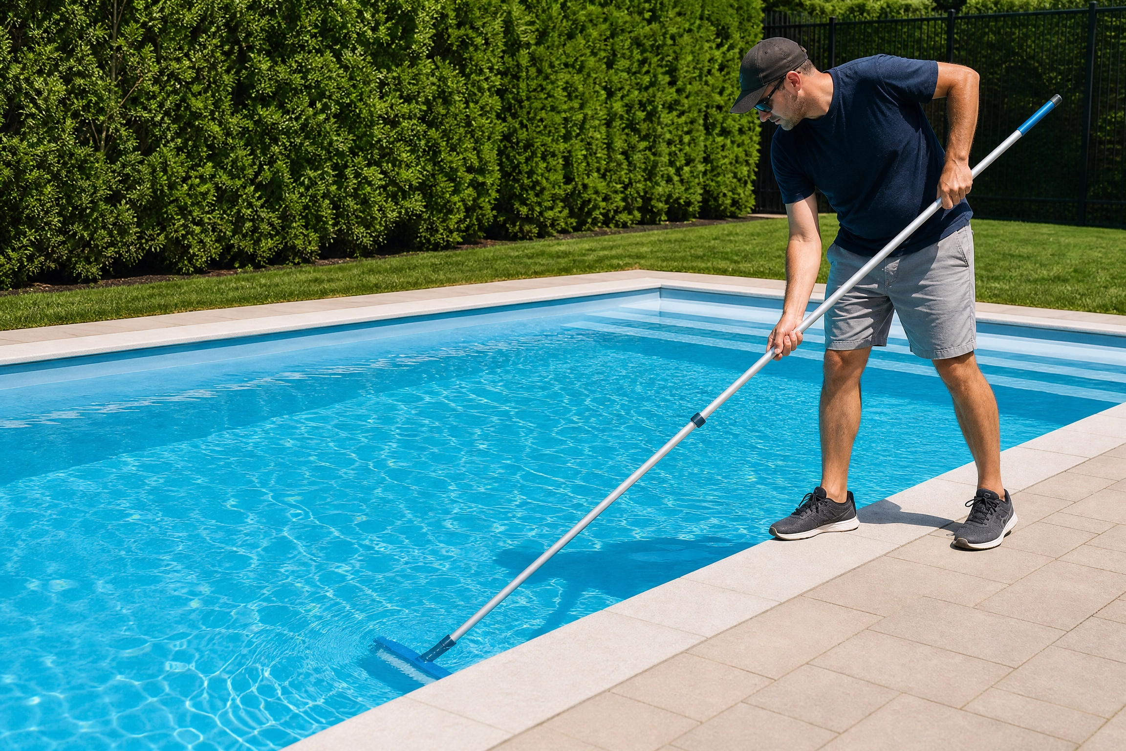 Entretien d'une piscine en fibre de verre : homme nettoyant l'eau avec une brosse télescopique au bord d'un bassin creusé
