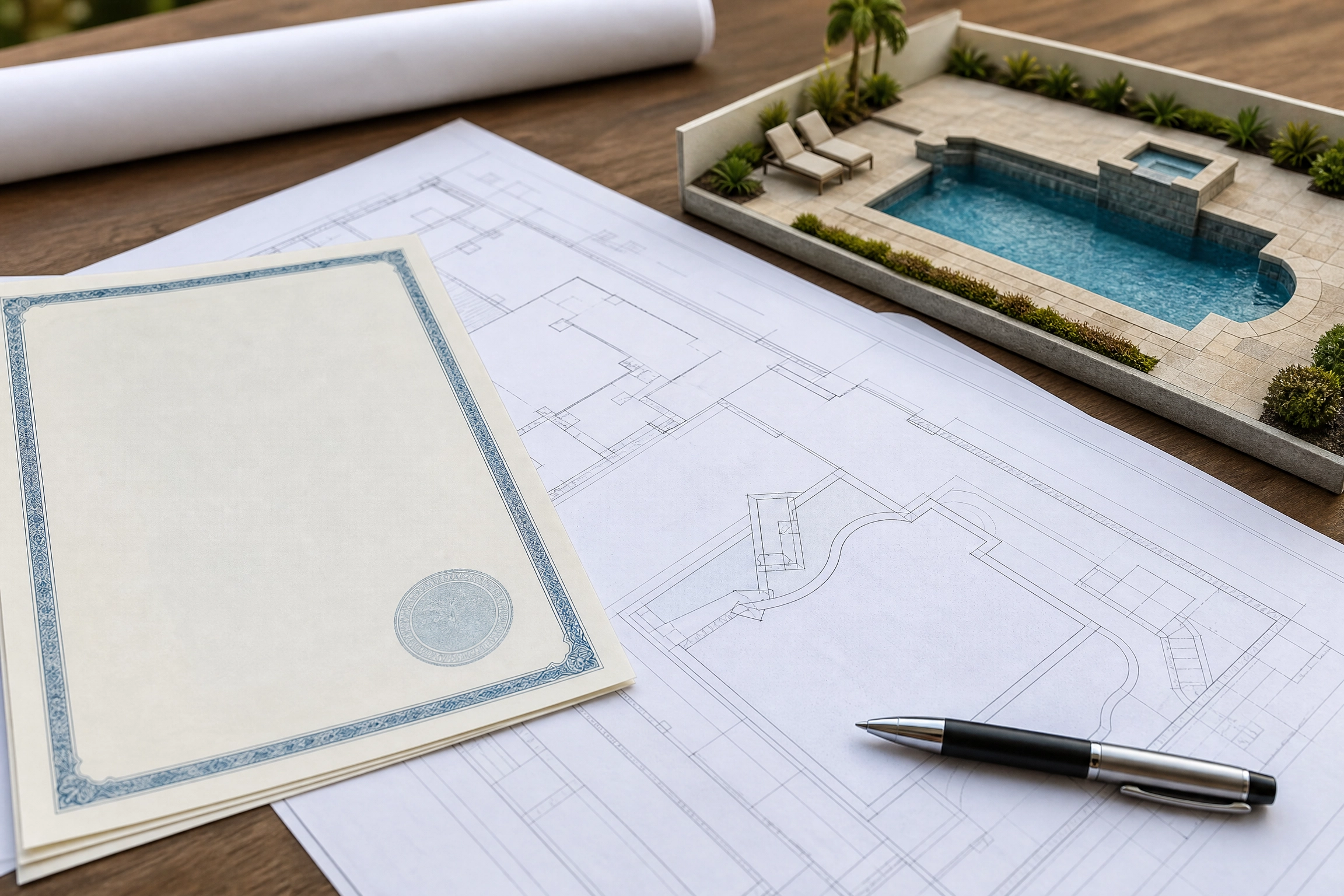 Permis pour piscine creusée : plans d'architecte, certificat officiel et maquette de piscine posés sur une table en bois