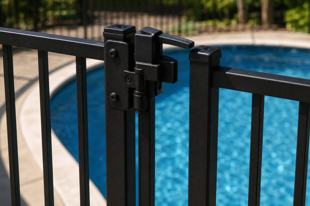 Règles pour la clôture de piscine : gros plan sur un loquet de sécurité et une charnière de portillon devant une piscine