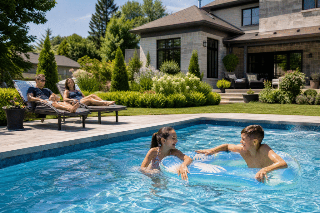 Deux enfants s'amusant dans un bassin creusé pendant que leurs parents se détendent sur des chaises longues, illustrant la valeur ajoutée d'une piscine au quotidien familial