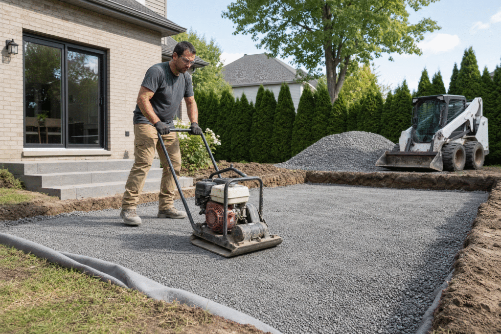 Ouvrier compactant le gravier à la plaque vibrante pour préparer une fondation de pavé uni, bobcat à l'arrière.