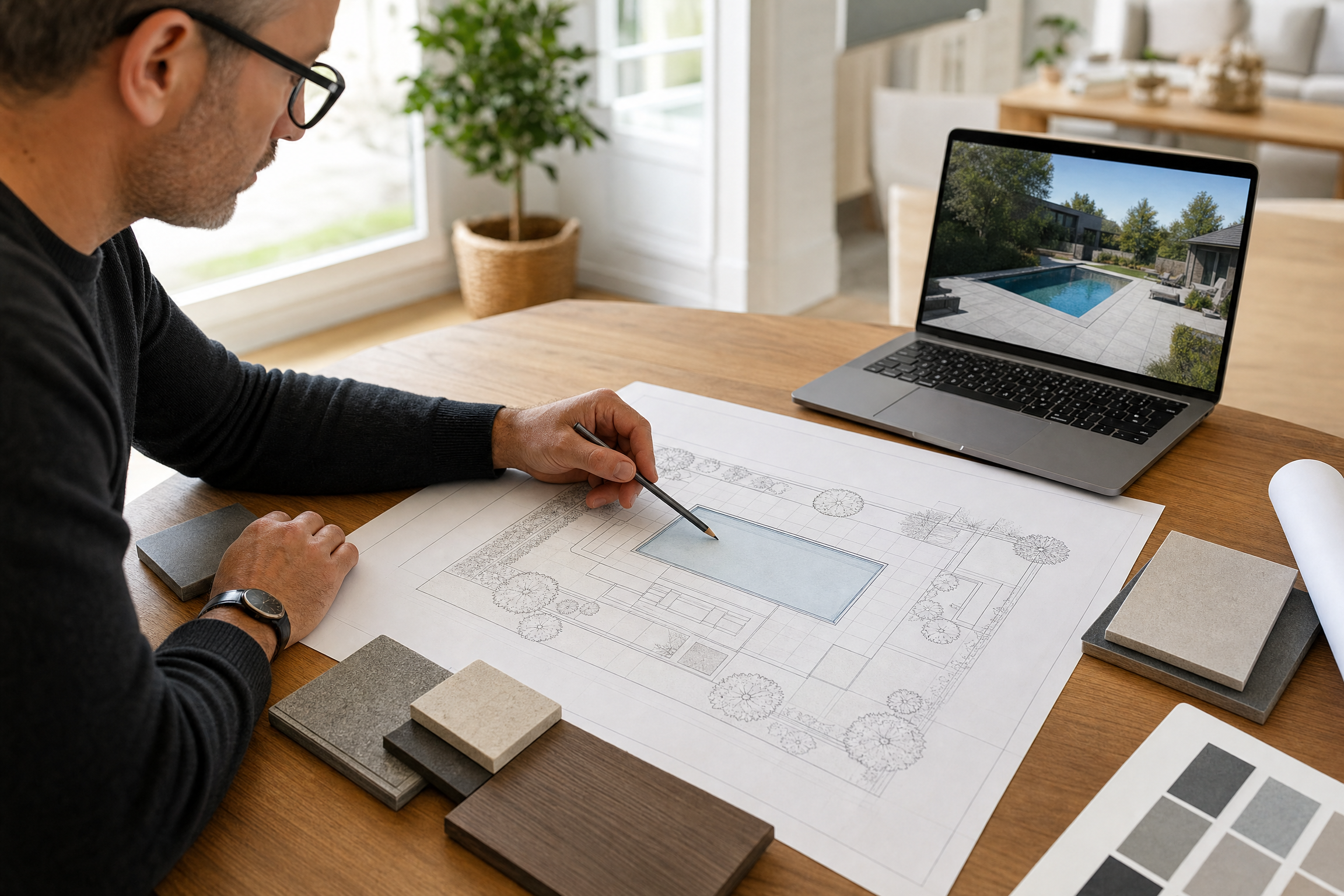 Concepteur dessinant au crayon un plan de conception pour piscine, échantillons de pierre et portable à ses côtés.