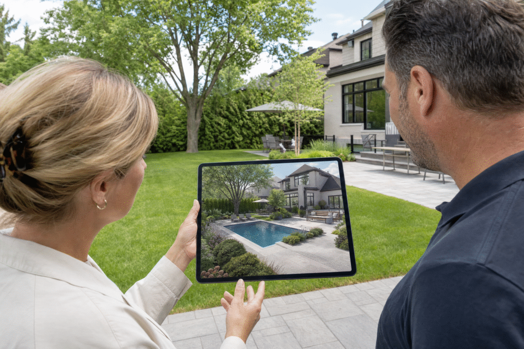 Couple comparant un plan de conception pour piscine 3D sur tablette avec leur cour réelle en arrière-plan.