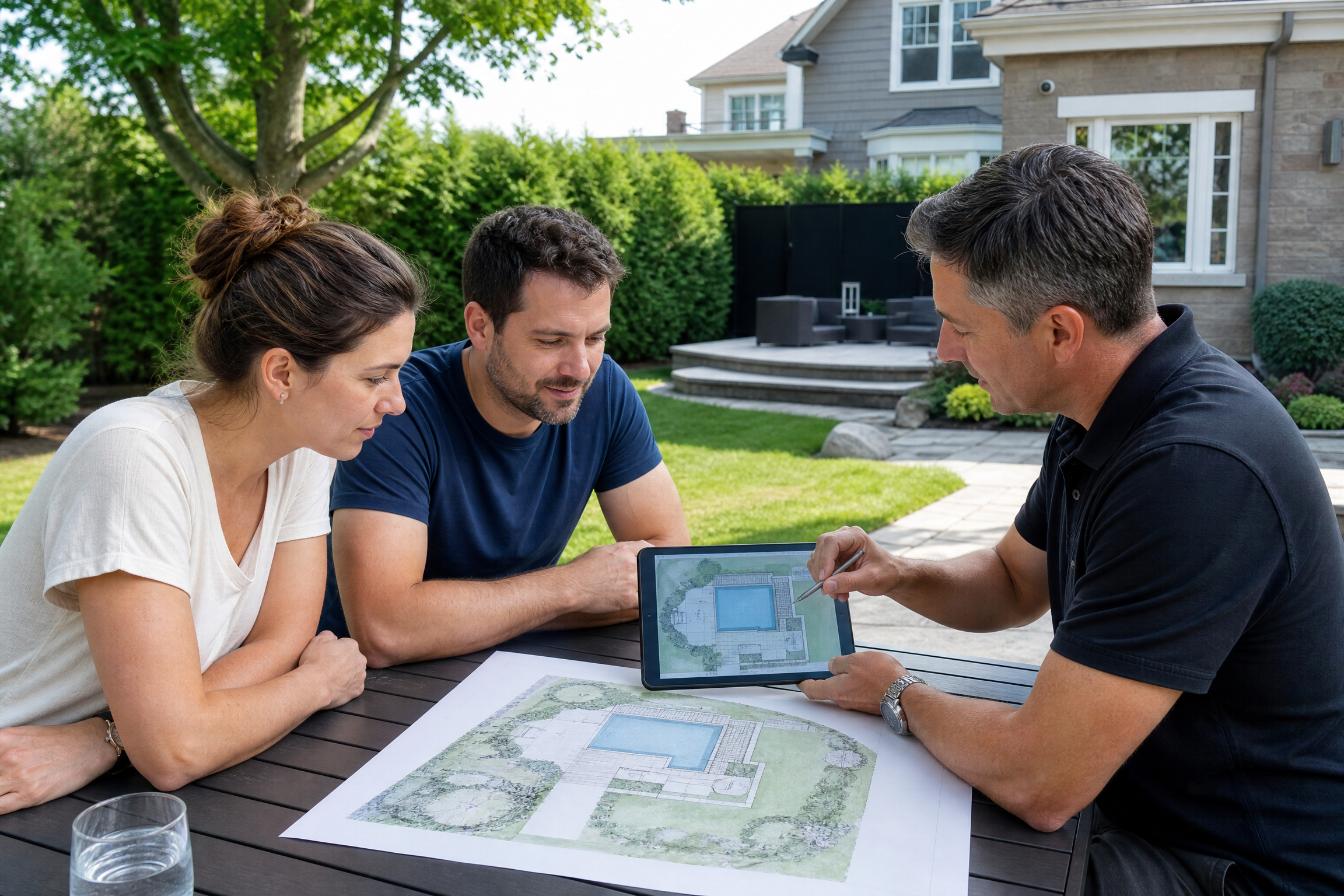 Conseiller montrant un plan de bassin sur tablette à un couple attablé pour planifier son projet de piscine.
