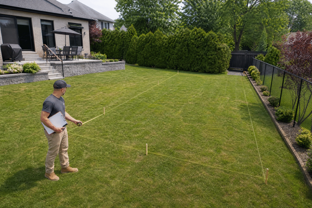 Homme mesurant et délimitant la cour avec cordes et piquets pour planifier son projet de piscine.