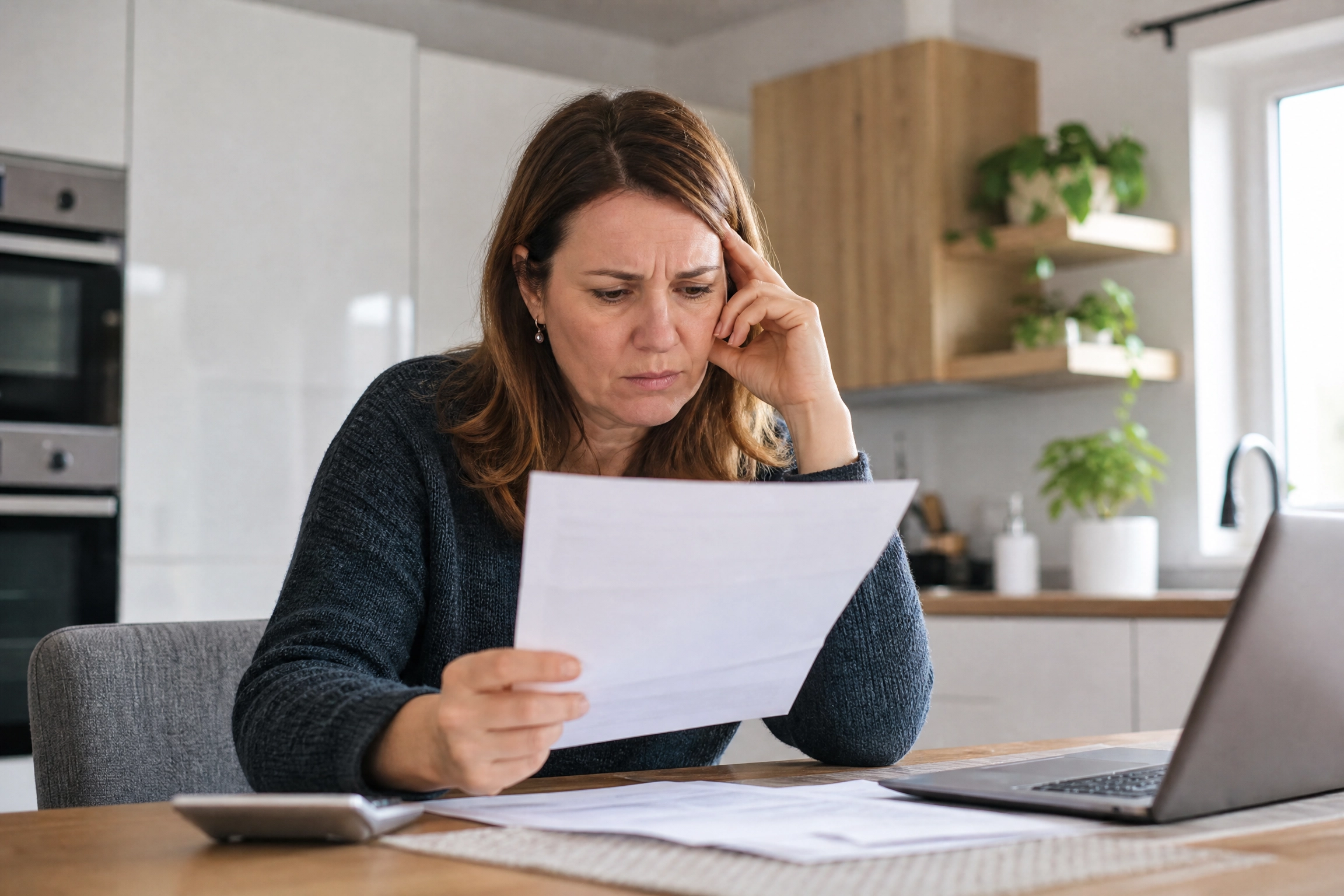 Femme préoccupée examinant une facture à la table de sa cuisine devant son ordinateur portable, une réaction fréquente face à la hausse des tarifs d'électricité