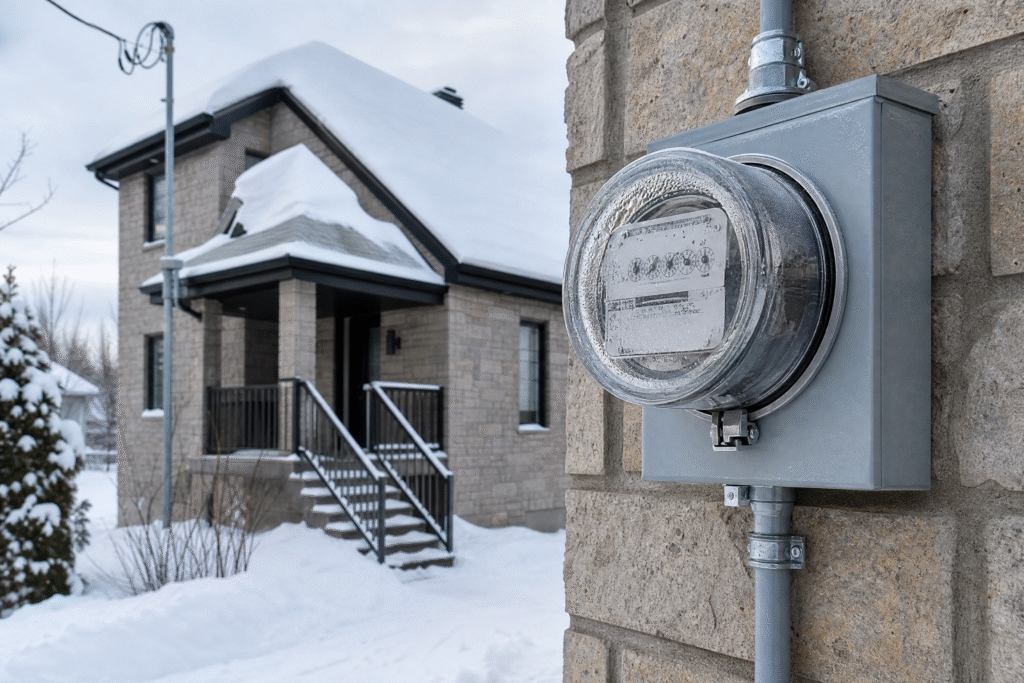 Gros plan sur un compteur électrique fixé au mur d'une maison enneigée, symbole de la hausse des tarifs d'électricité en période hivernale