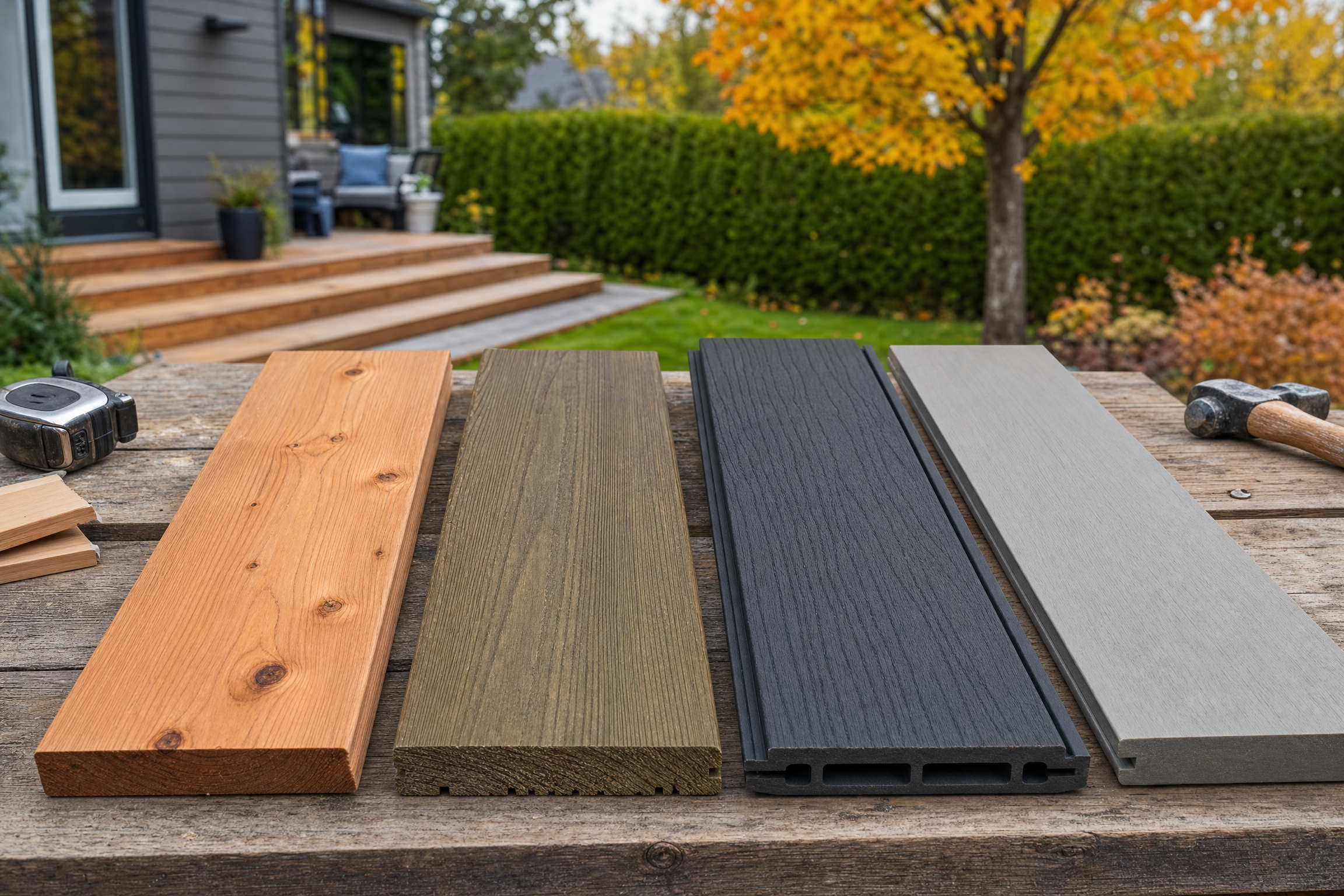 Quatre planches de bois et de composite alignées sur un établi, illustrant les choix de matériau de patio.