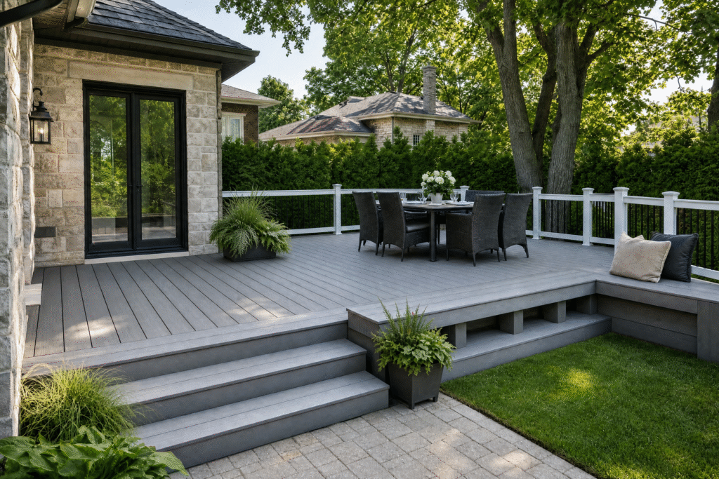 Terrasse en composite gris avec coin repas et banc intégré, un matériau de patio moderne et durable.